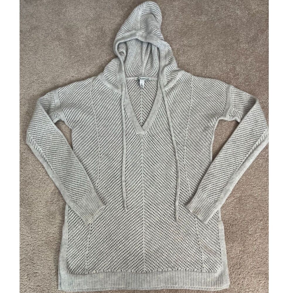 Autumn Cashmere Open Stitch V-Neck Gray Hoodie Sweater 100% Pure Cashmere SizeXS